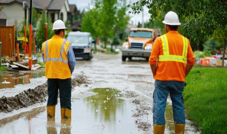Two construction workers assess stormwater runoff on a job site