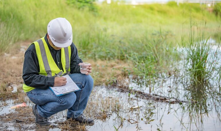 Environmental engineer inspecting water quality