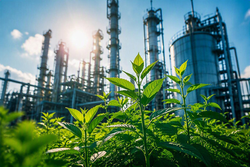 A large industrial processing facility set against a blue sky with greenery in the foreground